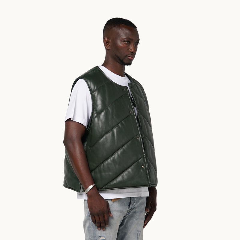 OLIVE GREEN LAMBSKIN SLEEVELESS PUFFER BY LARME ATELIER