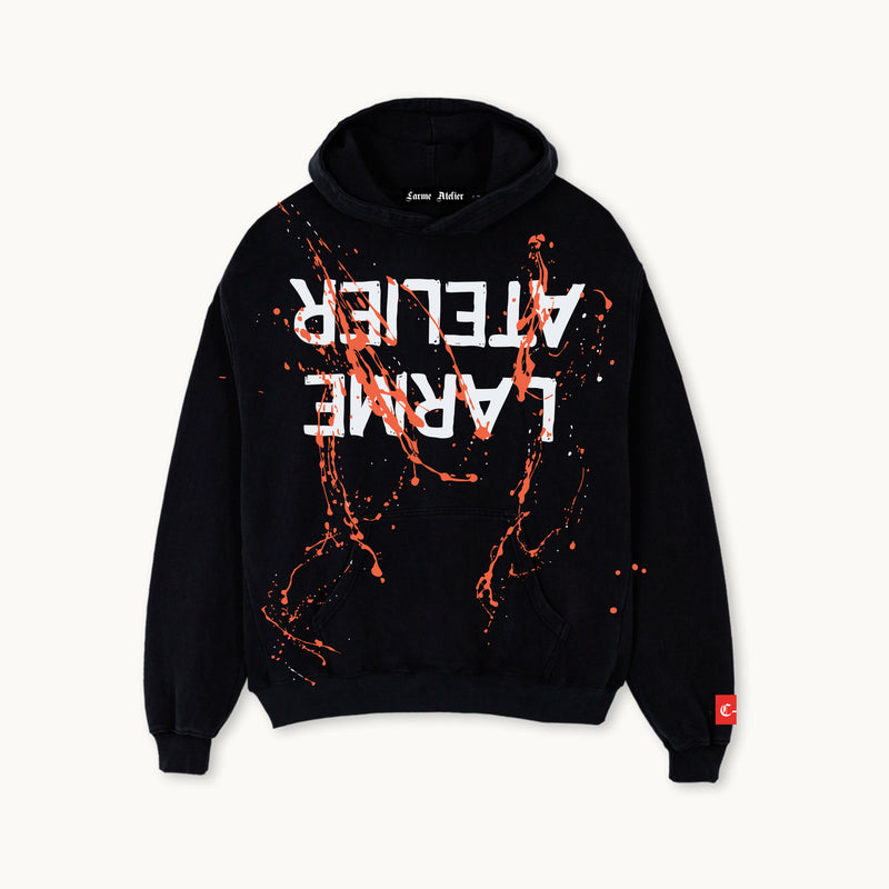 LARME Atelier paint splatter oversized black hoodie