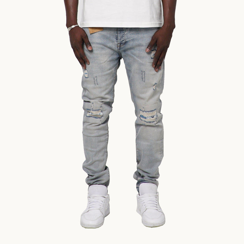 LIGHT INDIGO SKINNY FIT JEANS WITH BANDANA PATCHES