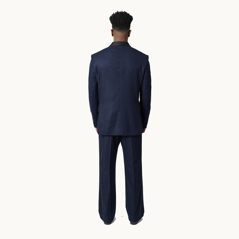 DOUBLE BREASTED WOOL NAVY BLUE TUXEDO WITH SATIN COLLAR AND FLARED PANTS