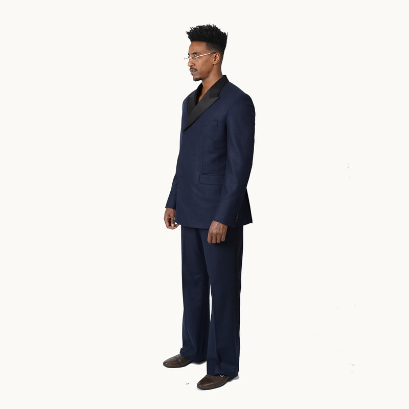 DOUBLE BREASTED WOOL NAVY BLUE TUXEDO WITH SATIN COLLAR AND FLARED PANTS