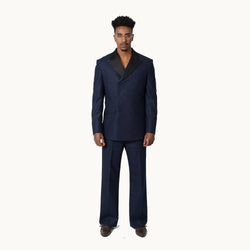 DOUBLE BREASTED WOOL NAVY BLUE TUXEDO WITH SATIN COLLAR AND FLARED PANTS